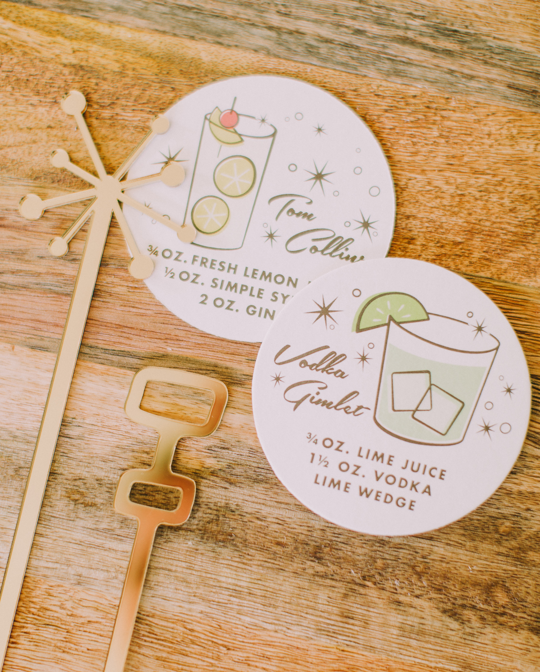 mid-century modern cocktail stirrers and custom illustrated cocktail coasters with recipes, for modern wedding parties and receptions