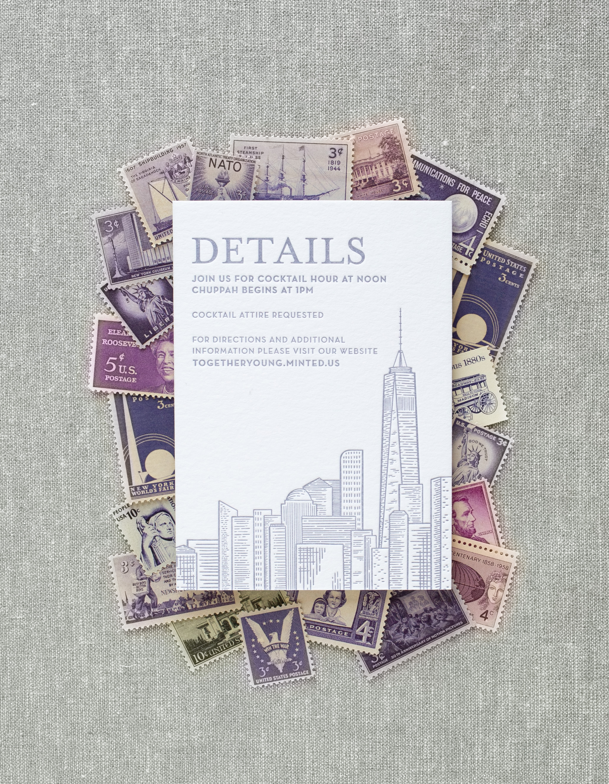 modern custom wedding invitations, letterpress printed nyc skyline