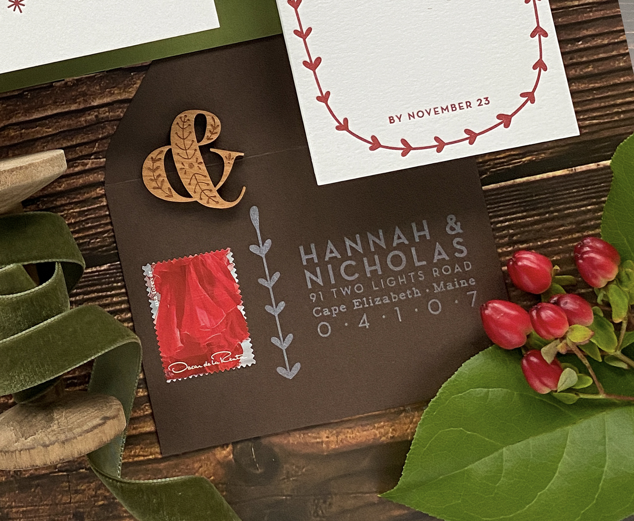 Detail of modern letterpress custom wedding invitation suite, inspired by Scandinavian winter design, letterpress printed envelopes